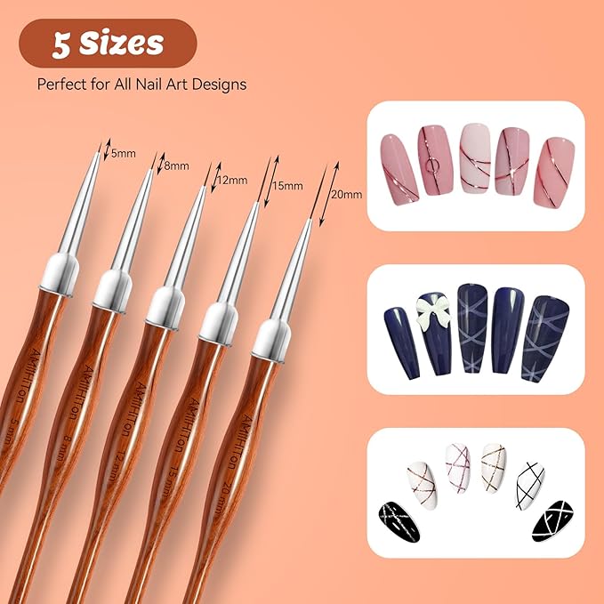 Nail Art Liner Brushes, 5Pcs Wooden Nail Brushes for Fine Drawing & Detailed Nail Art, Gel Polish Painting Tools for Long Lines & Nail Design Sizes 5/8/12/15/20mm（Wood color）-Velvo Beauty