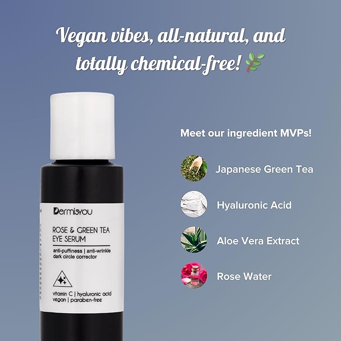Eye Serum Anti Aging Rose and Green Tea 1.33 OZ with Hyaluronic Acid, Vitamin C and E Anti Puffiness, Anti Wrinkle, Dark Circles Skin Care Products (PACKAGING MAY VARY)-Velvo Beauty