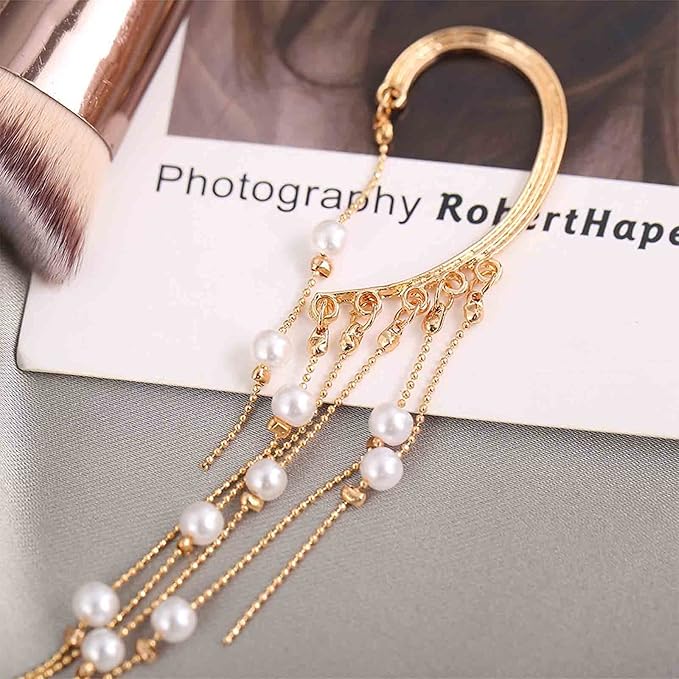 Boho Pearl Ear Wrap Earrings Gold Pearl Ear Cuff Earrings Long Drop Tassel Pearl Earrings Festival Gothic Earrings Non Piercing Ear Climber Cartilage Earrings Jewelry for Women and Girls-Velvo Beauty