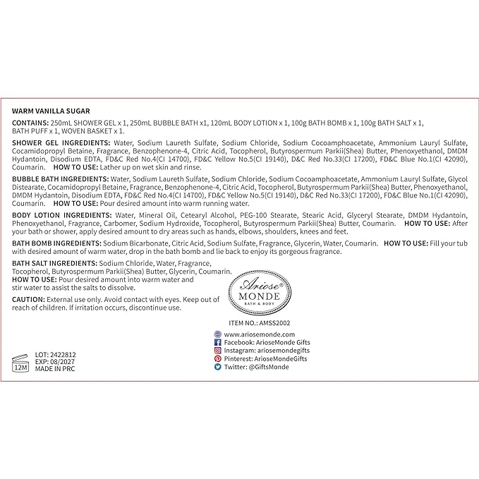 Bath and Body Warm Vanilla Sugar Spa Gifts for Women, with Shower Gel, Bubble Bath, Body Lotion, Bath Bomb, Bath Salt, Spa Basket Gift Set for Women, 7pcs Set Gifts-Velvo Beauty