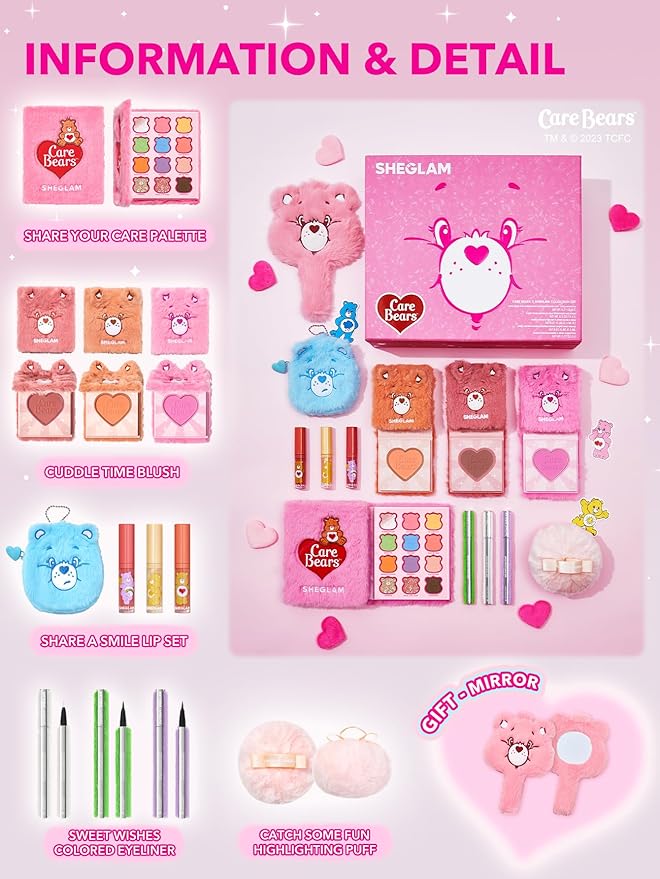 SHEGLAM X Care Bears Collection Set Vibrant Colored Eyeshadows Green White Purple Eyeliner Pink Blush Body Highlighter Liquid Lipstick Set Makeup Set-Velvo Beauty