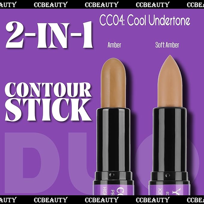 CCbeauty 2pcs 2-IN-1 Matte Contour Concealer Stick Cool Tone with Blush,Cream Blendable Bronzer & Blusher for Cheeks & Lip,Long Lasting & Waterproof Contouring for Face Shaping Makeup,AMBER/SOFT AMBER-Velvo Beauty