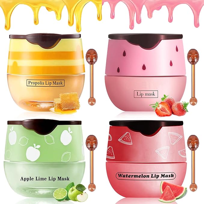 4 PCS Bee Lip Balm Lip Mask Honey Pot,Honey & Strawberry & Watermelon & Apple Lime Lip Mask Propolis Moisturizing Lip Balm with Stick,Sleeping Lip Mask Hydrating Prevention Dry & Cracked-Velvo Beauty