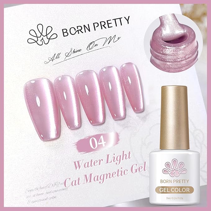 Born Pretty Magnetic Gel Nail Polish Water Light Cat Magnetic Eye Jelly Pink Glass Crystal Gel Polish Glitter Shimmer Auroras Nail Polish LED Nail Art Manicure Kit 6PCS-Velvo Beauty