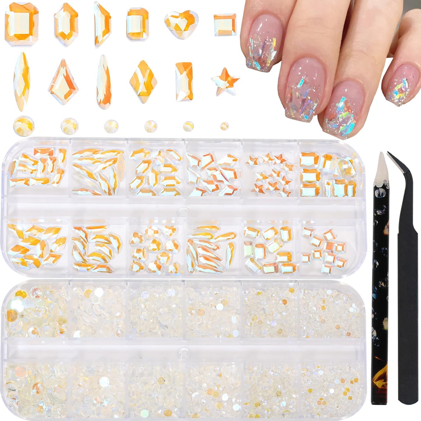 HNUIX Nail Rhinestones - 3D Multi Shape Size Crystal, Crystal Aurora Nail Gems, Flat Back, with Kit, for Nail Art, DIY Decorations-Velvo Beauty