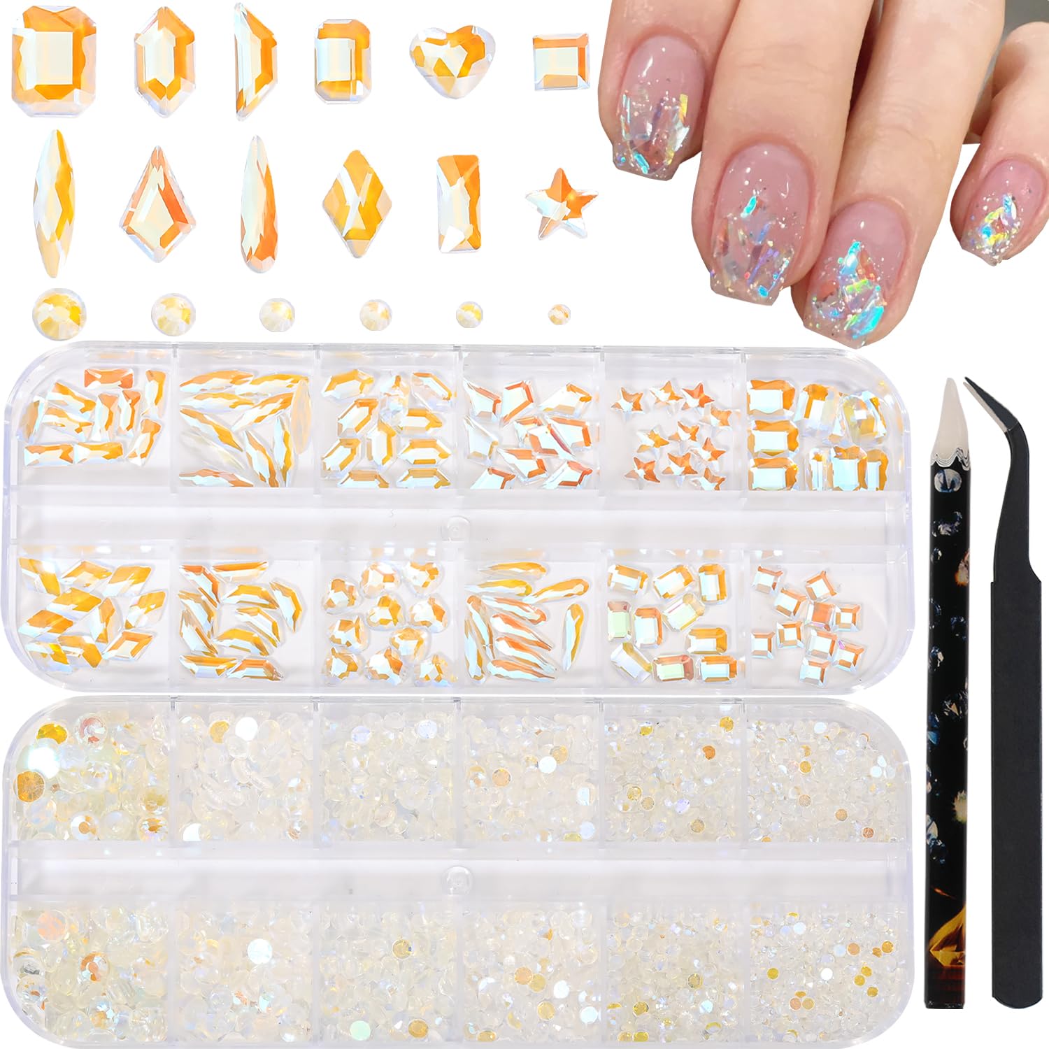 HNUIX Nail Rhinestones - 3D Multi Shape Size Crystal, Crystal Aurora Nail Gems, Flat Back, with Kit, for Nail Art, DIY Decorations-Velvo Beauty