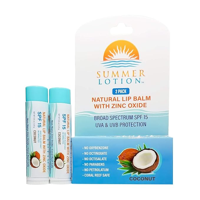 Natural Lip Balm with Zinc Oxide Sunblock by Summer Lotion, SPF 15 Lip Sunscreen 2-Pack, Water Resistant Chapstick, SPF Lip Protection for Everyone, (Coconut)-Velvo Beauty