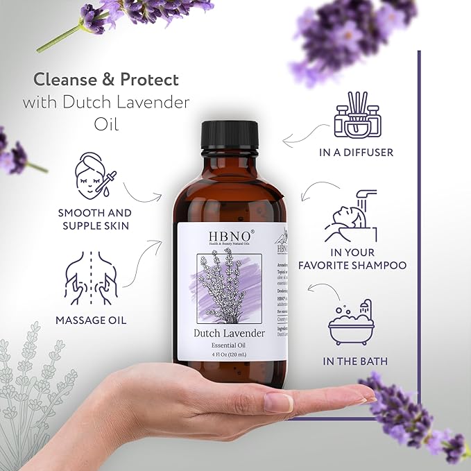 HBNO California Bottled Dutch Lavender Essential Oil 4 fl oz (120ml) - Natural Lavender Oil for Skin, Perfect for Cleaning, Aromatherapy, DIY & Diffuser-Velvo Beauty