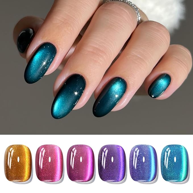 Born Pretty Cat Magnetic Eye Gel Nail Polish Glitter Auroras Magnetic Gel Polish Colorful Holographic Cat Magnetic Eye Nail Art Manicure DIY at Home 6PCS-Velvo Beauty