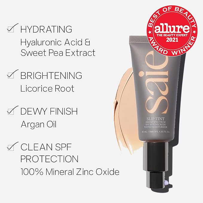 Saie Slip Tint Tinted Moisturizer with SPF 35 - Light Coverage, Glowy Skin Tint & Mineral Sunscreen for Face with Hydrating Hyaluronic Acid - Summer Makeup Essential - Shade Ten (1.35 oz)-Velvo Beauty