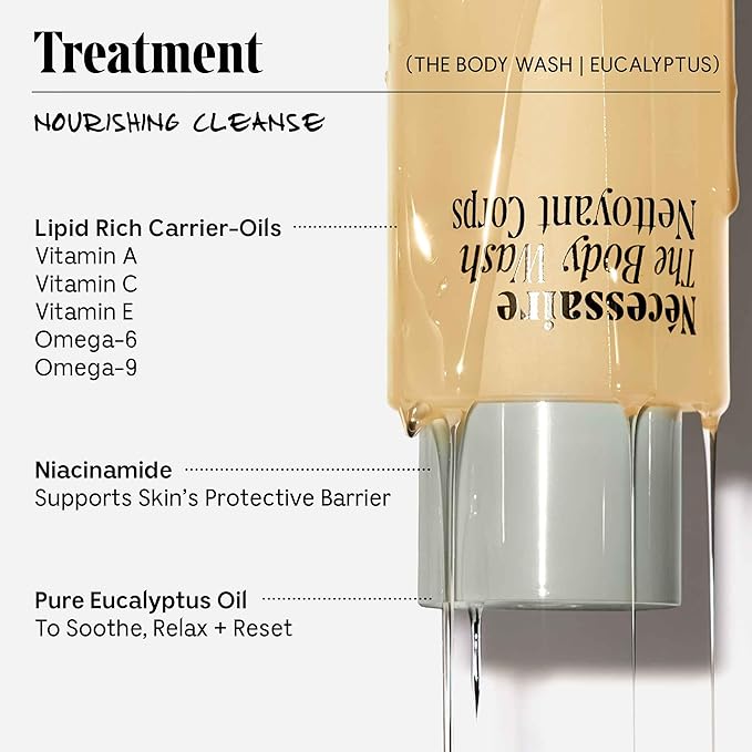 Nécessaire The Body Wash Eucalyptus - Natural Body Wash for Women & Men, Replenishing Shower Gel with Niacinamide, Vitamin C/E + Omega 6/9. Oil-In-Gel Cleanse, 8.4 fl oz.-Velvo Beauty
