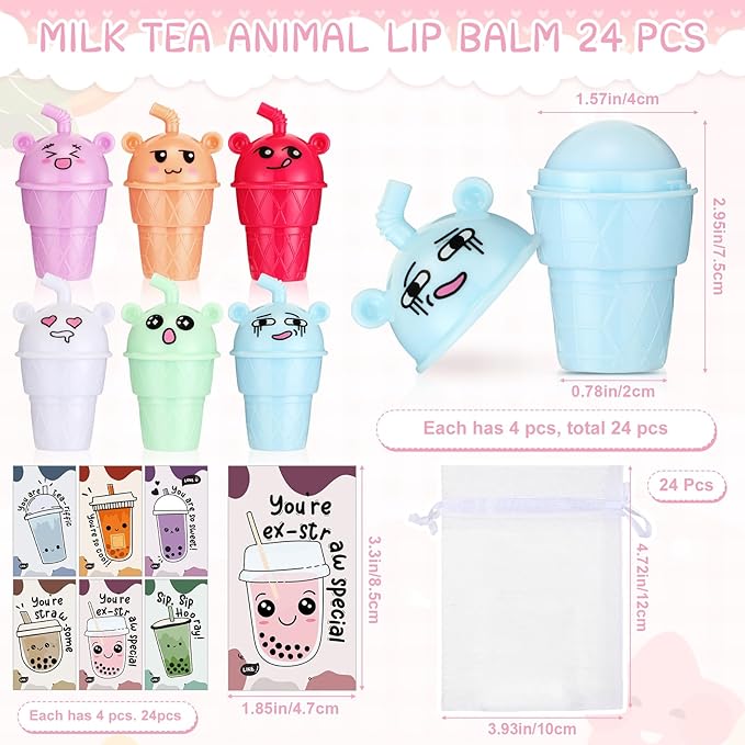 24 Sets Milk Tea Shaped Cute Lip Balm Fruit Flavored Lip Balm with Milk Tea Theme Gift Cards Milk Tea Boba Lover Birthday Baby Shower Party Inspirational Gifts Favors for Girls Kids Women-Velvo Beauty