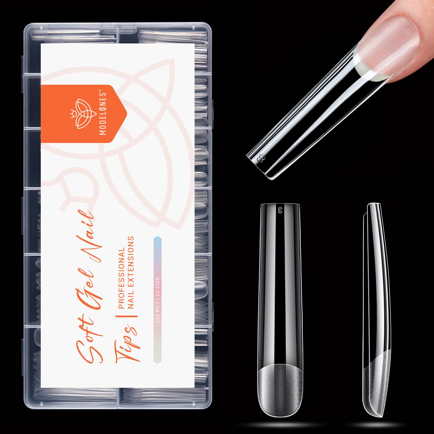 modelones Long Square Nail Tips, 3XXXL Straight Pre-shaped Soft Gel Tips Fake Nails False Acrylic Clear Full Cover Press on Extension Kit Gel Manicure DIY at Home 216PCS 12Sizes-Velvo Beauty