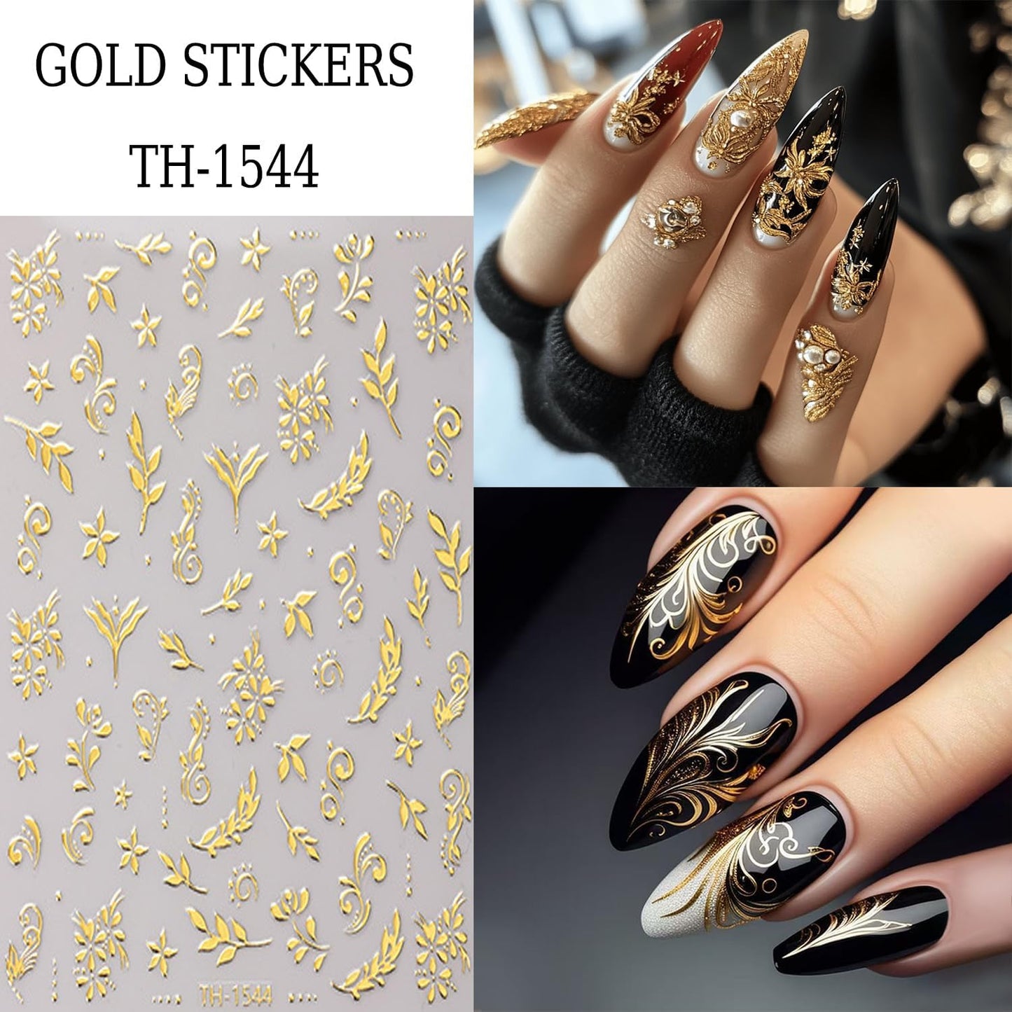6 Sheets Gold Nail Art Stickers 3D Self -Adhesive Golden Flowers Leaves Nail Decals Holographic Hot Stamping Floral Nail Stickers Summer Blossom Nail Decoration for Women DIY Manicure Supplies-Velvo Beauty