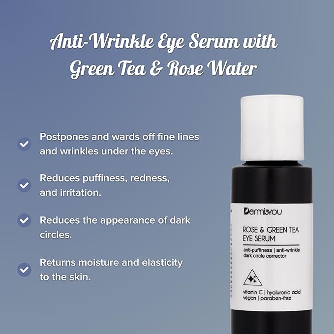 Eye Serum Anti Aging Rose and Green Tea 1.33 OZ with Hyaluronic Acid, Vitamin C and E Anti Puffiness, Anti Wrinkle, Dark Circles Skin Care Products (PACKAGING MAY VARY)-Velvo Beauty