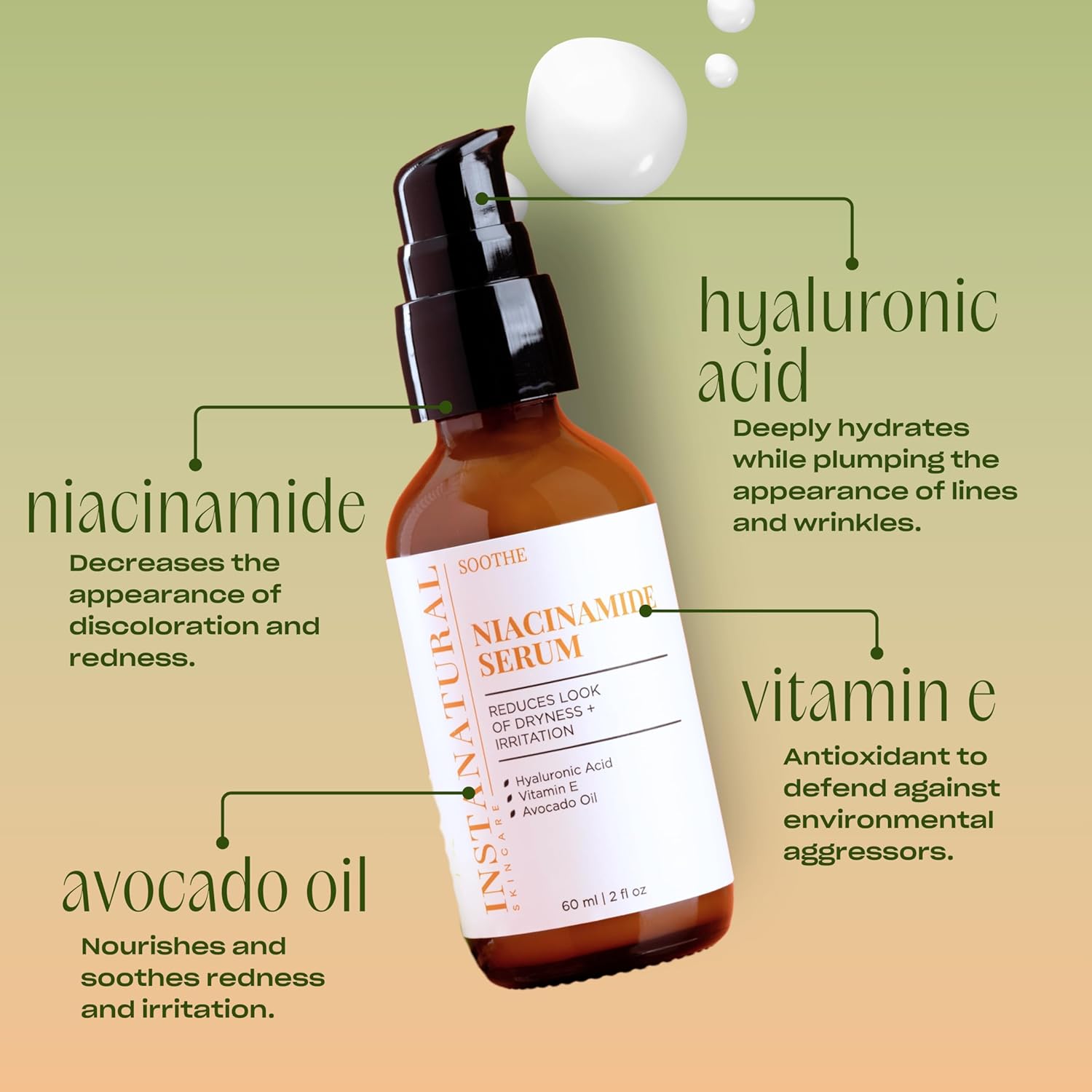 InstaNatural Niacinamide Face Serum, Hydrates, Soothes, Reduces Irritation, Redness, Lines, Wrinkles, and Other Signs of Aging, with Hyaluronic Acid and Vitamin E, 2 Fl Oz-Velvo Beauty