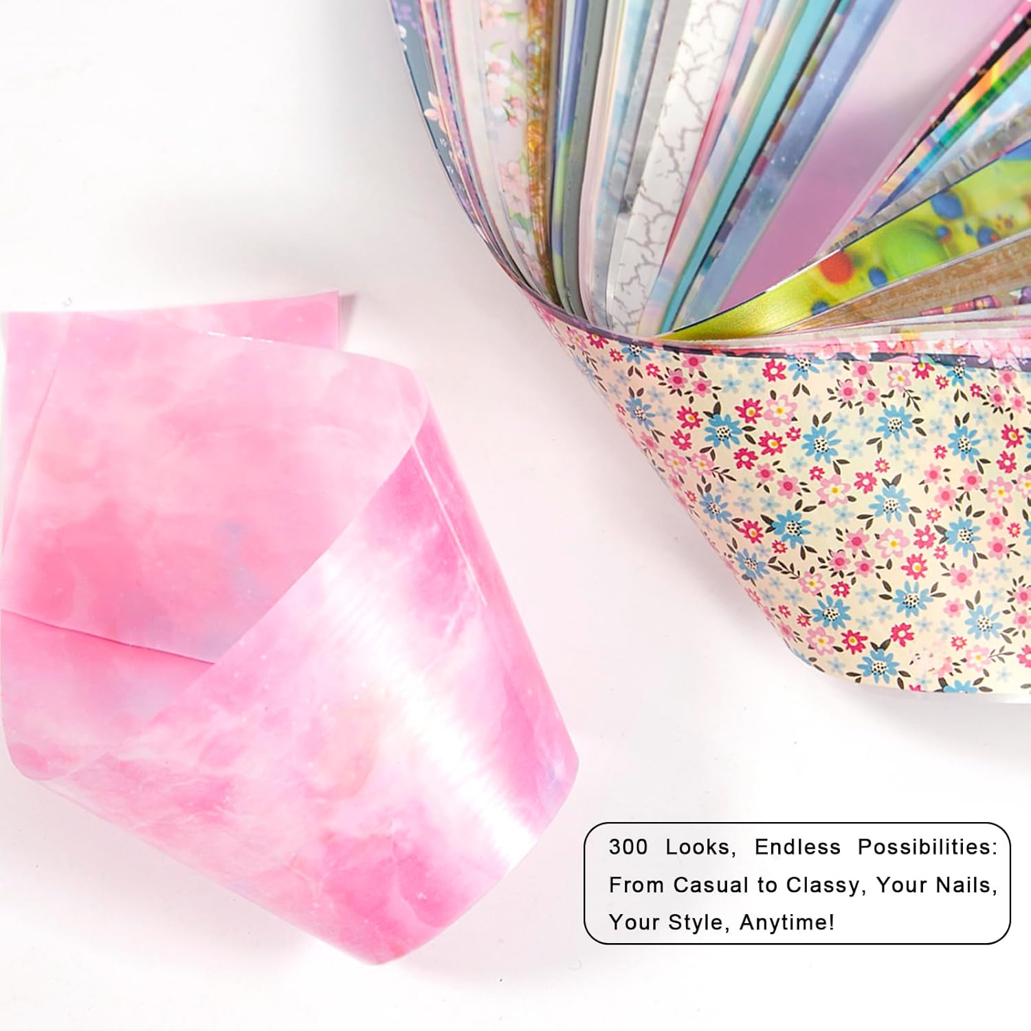 WOKOTO 300 Sheets Nail Foils Transfer Nail Art Holographic Flower Marble Foil Sheets, 1 Set for All Mix-Designs Nail Transfer Foil for Women Girls Nails-Velvo Beauty