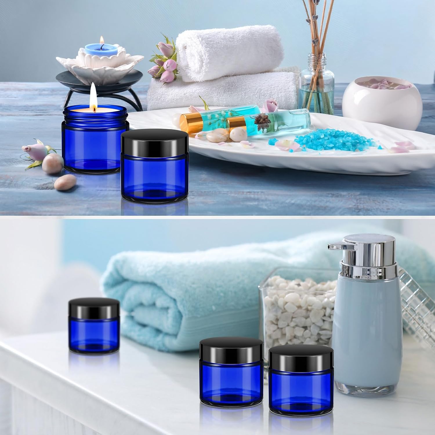 Domensi 48 Pcs 2 oz Glass Jars with Lids Travel Size Round Leakproof Empty Cosmetic Jars with Inner Liners Lid for Storing Makeup Lotions Face Cream Ointments Candle DIY Making (Cobalt Blue)-Velvo Beauty
