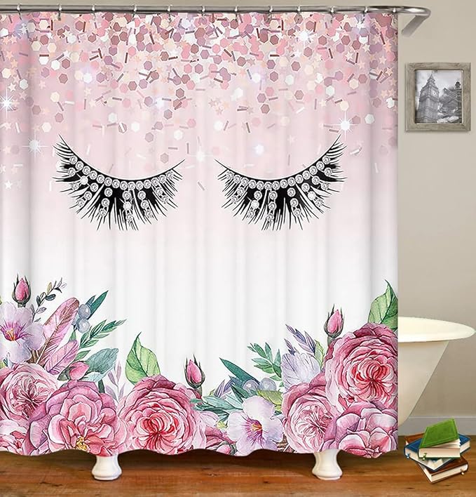 4PCS Diamond Eyelash Shower Curtain Set, Rustic Flower Botanical Bouquet Confetti Girly Makeup Fashion Bathroom Decor Waterproof Fabric Shower Curtain Non-Slip Bath Mat Toilet Rug, Pink Floral-Velvo Beauty