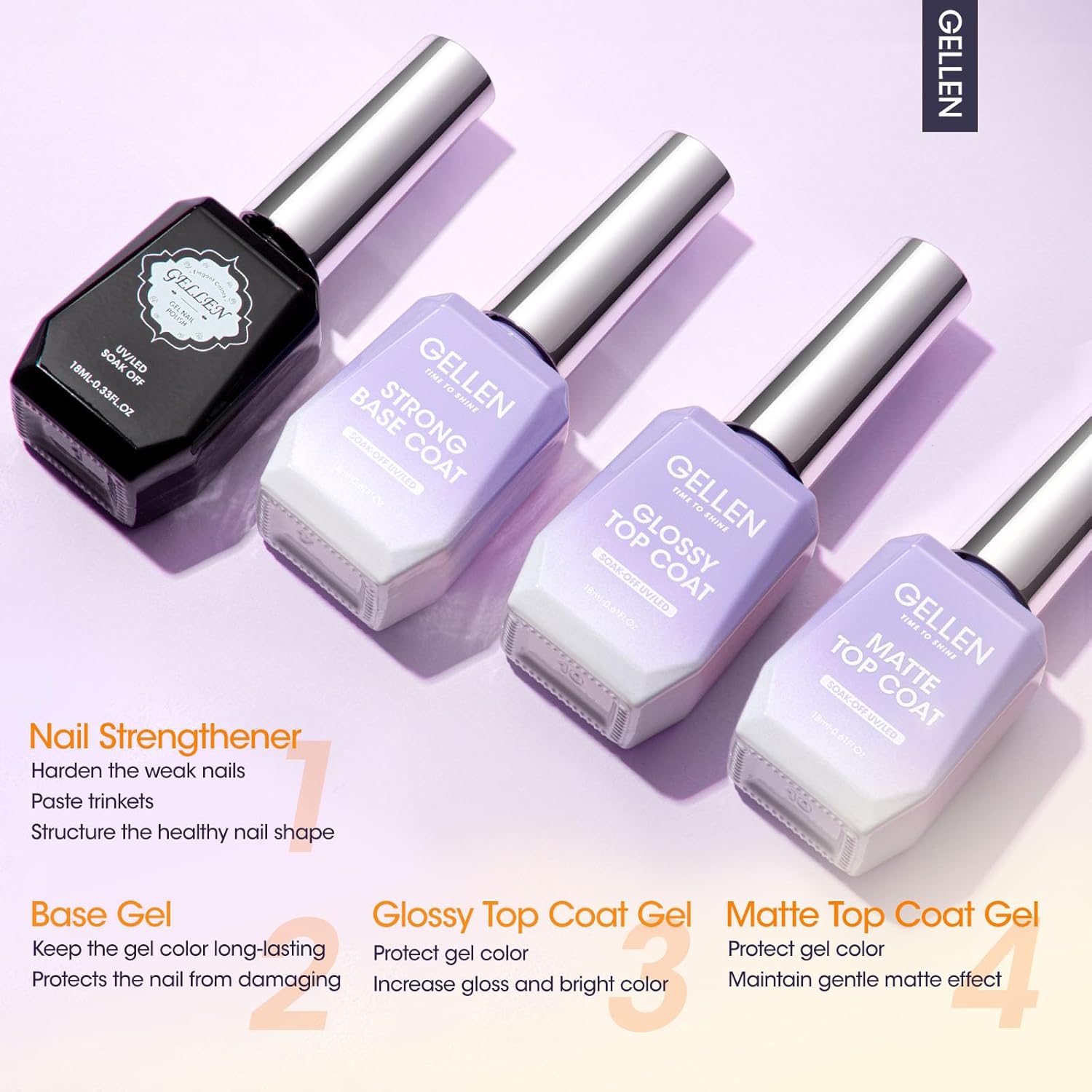 GELLEN 4Pcs Gel Top Coat and Base Coat with Nail Strengthener Set for Gel Nail Polish, 18ml Soak Off Nail Lamp Clear Nail Polish Set-Velvo Beauty