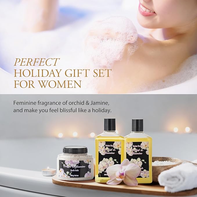 Mother's Day Gift for Mom Bath and Body Gift Basket Orchid & Jasmine Spa Gift Baskets for Women Fragrant Body Lotions, Bath Bomb, Home Spa Gift Basket Rich in Jojoba oil & Shea Butter, Bath Kit Sets-Velvo Beauty