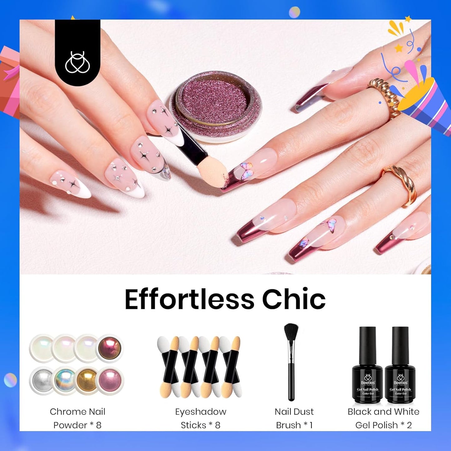 Beetles Metallic Chrome Nail Powder Kit Black White Colors Gel Polish Mirror Effect Holographic Metallic Nail Polish Chrome Manicure Art Decoration Glitter Nail Powder for Women-Velvo Beauty
