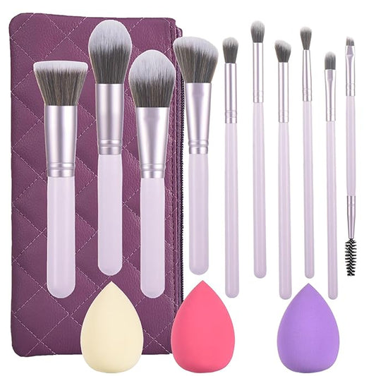 10 Piece Purple Makeup Brushes Set and 3 Piece Makeup Sponge - Wooden Handle with Soft Synthetic Bristles, for Face & Eye Makeup | Professional Cosmetic Brushes | Includes Travel Pouch-Velvo Beauty