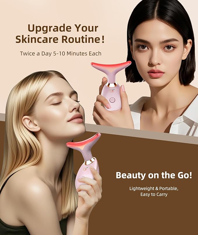 7 Color Face and Neck Massager Light Therapy, Red Light Based Facial Massager for Skin Care, Firming, Smoothing (Pink)-Velvo Beauty