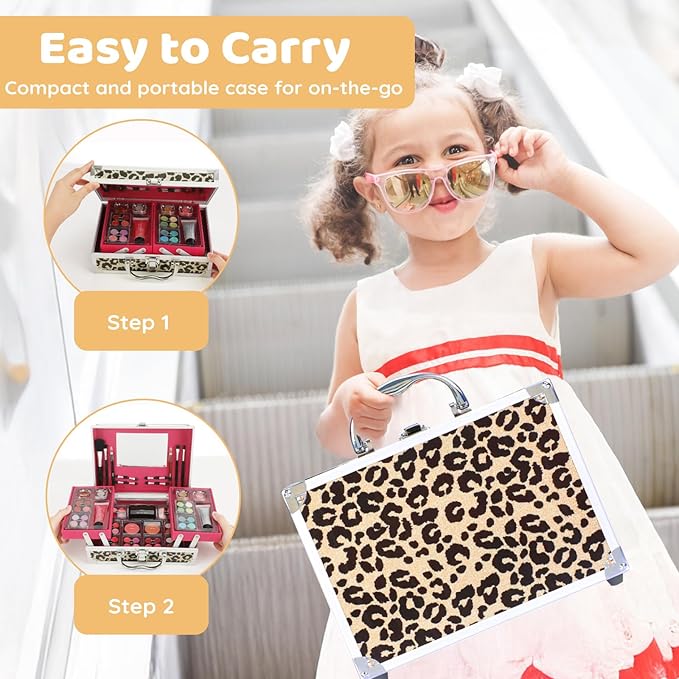 Anpro All-In-One Leopord Double Folding Makeup Carry Case with Pro Teen Makeup Set, Full Starter Kit with Makeup Brushes, Lipsticks, Eyeshadow Palette, Blushes, Glitter Gel, Ideal Present for Girls-Velvo Beauty