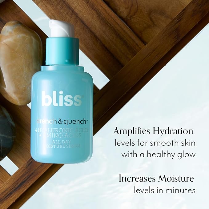 Bliss Hyaluronic Acid Drench & Quench Facial Serum – Hydrating Serum for Dry, Sensitive Skin - Lightweight Gel Formula for Deep Hydration & Plump Skin - Clean, Cruelty-Free - 1 Fl Oz-Velvo Beauty