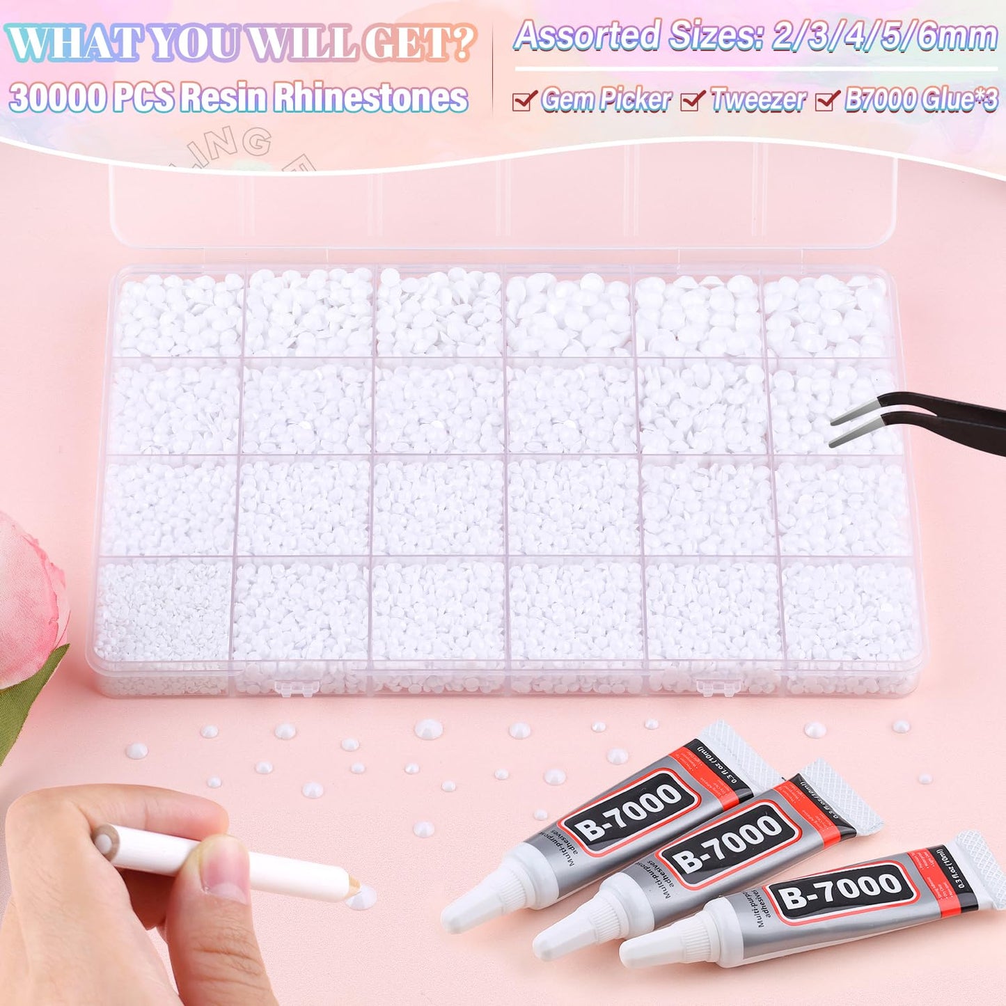 30000Pcs Resin White Rhinestones for Bedazzling Crafting with b7000 Jewelry Glue, Bulk Flatback Gems Bedazzler Kit for Crafts Clothes Shoes Fabric Nail Diamond Art, Assorted Size 2/3/4/5/6mm-Velvo Beauty