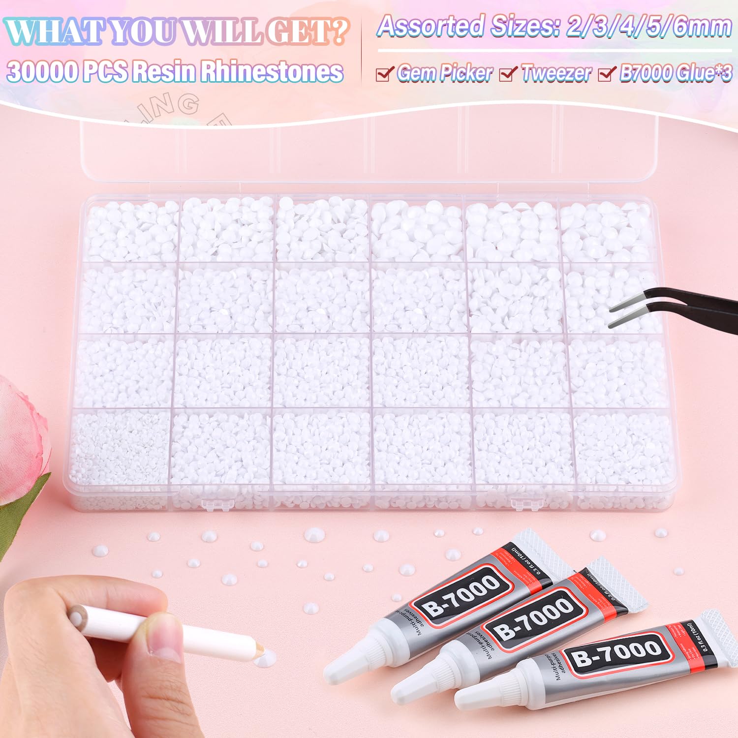 30000Pcs Resin White Rhinestones for Bedazzling Crafting with b7000 Jewelry Glue, Bulk Flatback Gems Bedazzler Kit for Crafts Clothes Shoes Fabric Nail Diamond Art, Assorted Size 2/3/4/5/6mm-Velvo Beauty