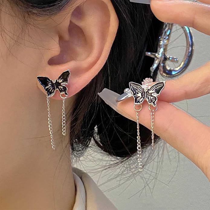 Vintage Butterfly Stud Earrings Silver Chain Tassel Dangle Earrings Black Butterfly Earrings Layer Chain Drop Earrings Jewelry for Women-Velvo Beauty