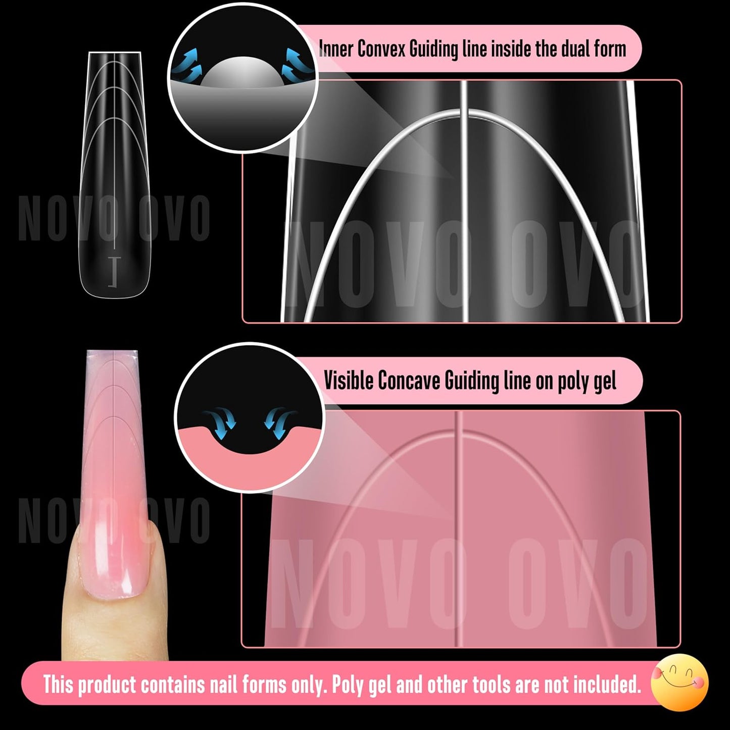 Tapered Square (Sculpted) Nail Dual Forms for Poly Gel Extension with Guiding Line Inside, XL XXL Reusable Full Cover Acrylic Builder Hard Gel Polygel Molds x 15 sizes 150 Pcs-Velvo Beauty