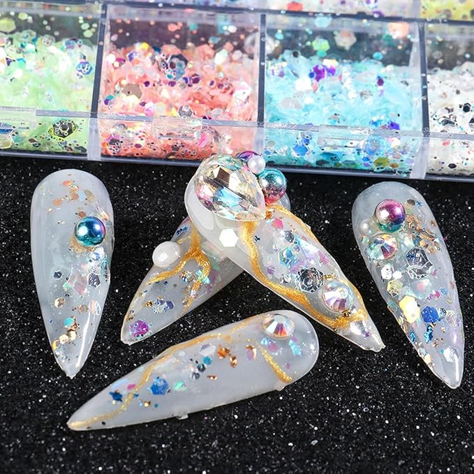 12 Grids Flaky Nail Art Glitter Sequins 3D Heart-Shaped Butterfly Ultra Thin Nail Art Sparkly Flake Designs Moon Stars Decorations Nail Glitter Sequins Suitable for Female Girl Nail Art Techniques-Velvo Beauty