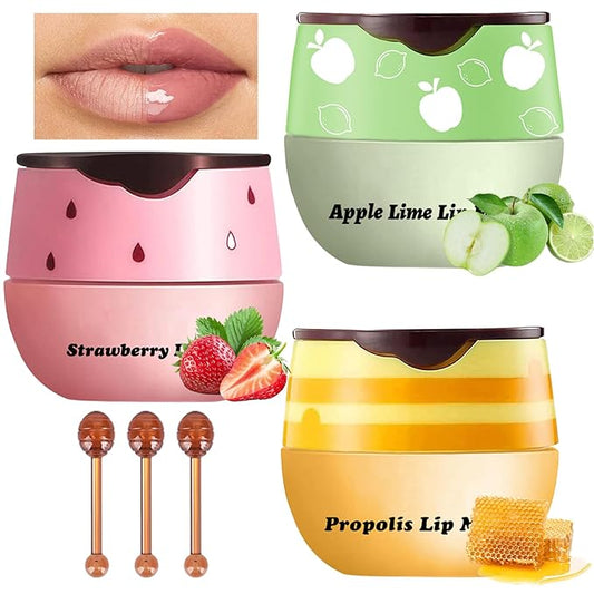 3Pcs Lip Balm Honey Pot with Stick, Honey Strawberry Apple Moisturizing and Hydrating Sleeping Lip Mask, Day and Night Repair and Care, Improve Lip Color, Reduce Lip Lines (SET A)-Velvo Beauty