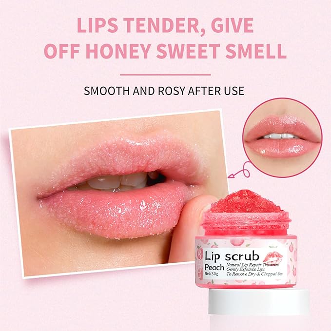 Lip Scrub, Lip Scrubs Exfoliator & Moisturizer,Lip Scrub for Dark Lips,Natural Sugar Lip Scrub with Lip Brush,Repair Cracked Lips,Chapped Lips (Peach)-Velvo Beauty