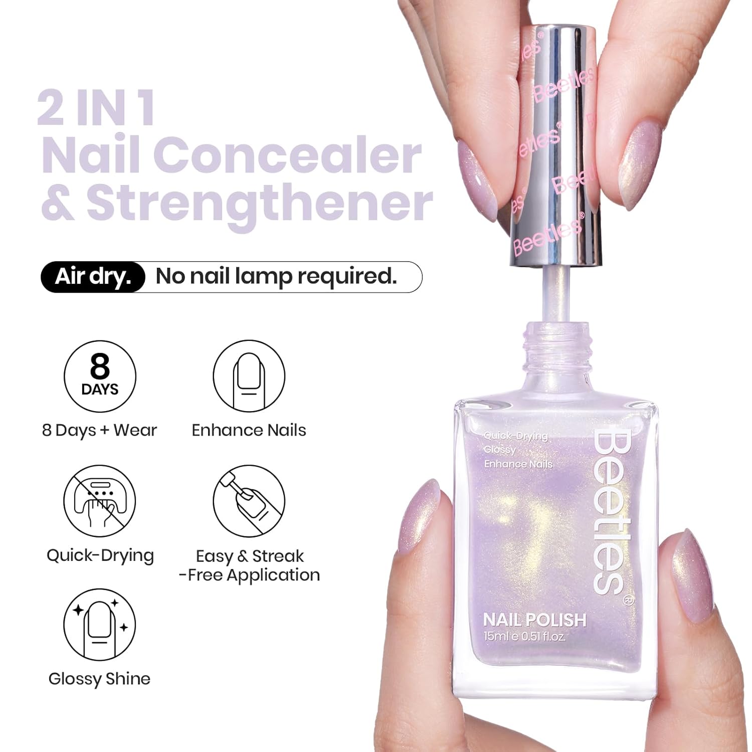 Beetles Nail Strengthener - Gold Purple Nail Concealer Fast Air Dry Shimmer Air Dry Nail Growth for Damaged Uneven Nails Fingernail Polish Imperfection Masking for Gold Shimmer Manicure Salon Quality-Velvo Beauty
