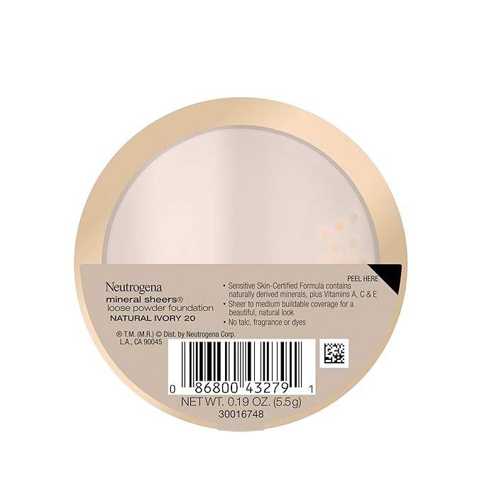 Neutrogena Mineral Sheers Loose Powder Makeup Foundation, Lightweight Face Makeup, Sheer to Medium Buildable Coverage, Sensitive Skin Foundation with Vitamins A, C, & E, Natural Ivory 20, .19 oz-Velvo Beauty