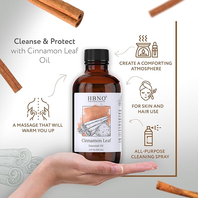 HBNO California Bottled Cinnamon Essential Oil (Leaf) 4 fl oz (120ml) - Natural Cinnamon Essential Oil for Diffuser - Perfect for Cleaning, Aromatherapy, DIY, Soap & Diffuser -Velvo Beauty