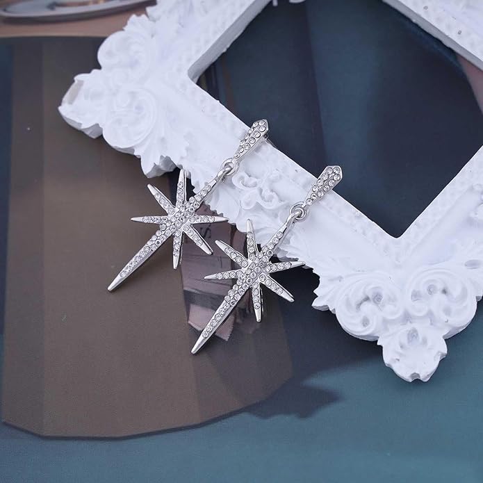 Vintage Crystal Northstar Dangle Earrings Rhinestone Northstar Studs Earrings Gold Cz Star Drop Earrings Sparkly Cz Starburst Earrings Jewelry for Women-Velvo Beauty