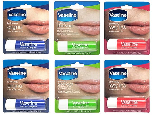 Vaseline Lip Therapy Stick with Petroleum Jelly Gift Set Includes Original, Rosy Lips and Aloe, 6 Count-Velvo Beauty