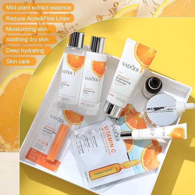 10 Pcs Skin Care Sets Face Care Set for Women Includes 1 Pcs Cleanser, Toner, Lotion, Eye Cream, Serum, Face Cream, Lip Balm and 3 Facial Masks Skincare Gift for Girls (Vitamin C)-Velvo Beauty