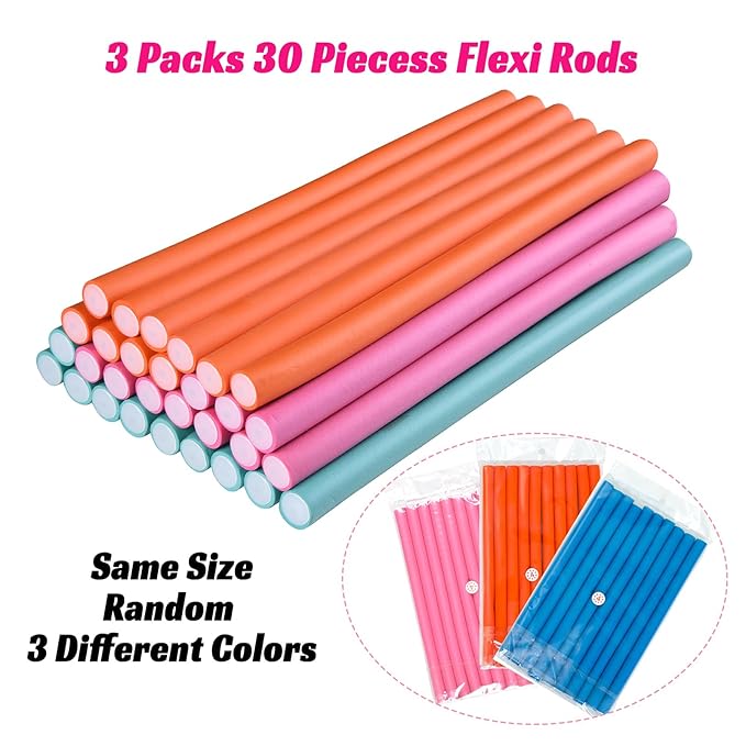 30PCS 9.45" Flexible Curling Rods,Heatless Twist Soft Foam Hair Rollers Home Use for Women Girls Long and Short Hair to Sleep in, (0.55 x 9.45 Inch, 3 Colors)-Velvo Beauty