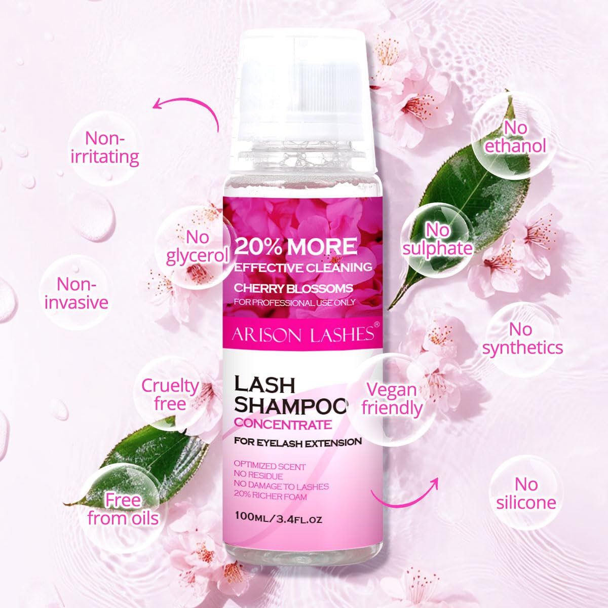 ARISON LASHES Lash Shampoo Concentrate for Lash Extensions 100ML Eyelash Cleanser Concentrate Oil-Free Eyelash Extension Shampoo with Salon Home Care(Cherry Blossom)-Velvo Beauty
