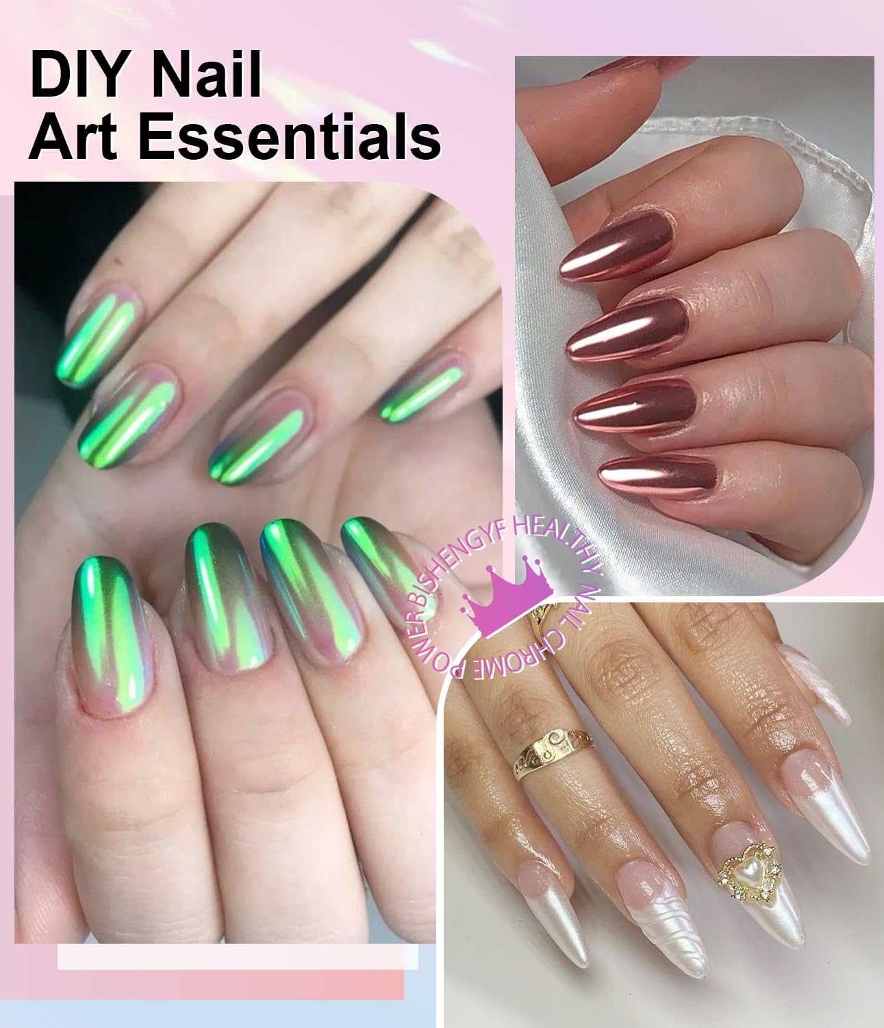 Mermaid Gold Chrome Nail Powder: 6 Colors Mirror Effec Green/Pearl Chrome Nail powder,Magic Mermaid Pink Chrome Nail Powder Pigment for Nail Art Design Home DIY（Laser/Silver）-Velvo Beauty