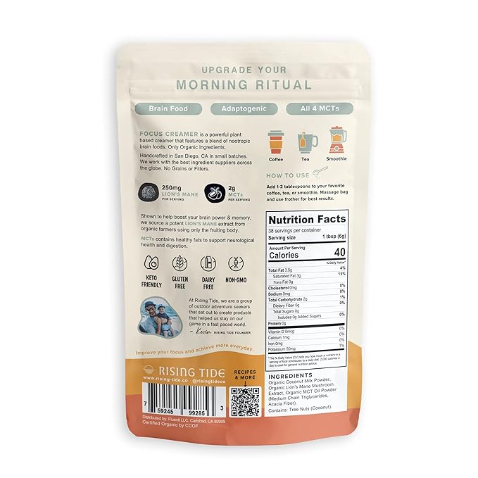 Rising Tide Organic Mushroom Superfood Creamer - Coconut Milk Powder, Lions Mane Mushrooms, & MCT Oil - Dairy Free, Unsweetened, Keto Friendly & Plant-Based - Only 4 Ingredients - Add to Coffee, Matcha or Smoothies-Velvo Beauty