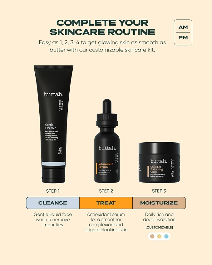 Buttah Skin Transforming Kit for Melanin Rich Skin | CocoShea Revitalizing Cream 2 oz | Vitamin C Serum 1 oz | Buttah Cleanser 3.4 oz | Black Owned Skincare-Velvo Beauty