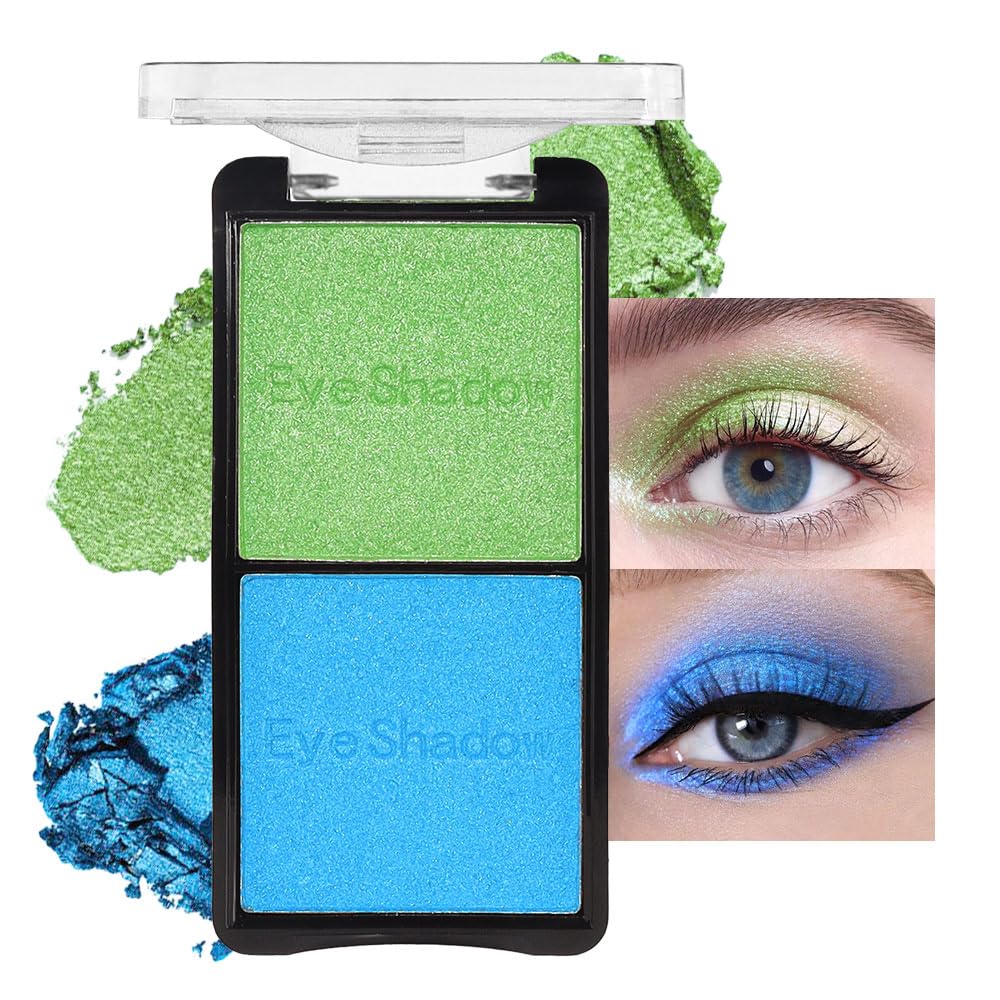 2 colors eye shadow makeup palette, Blue & Green Eyeshadows Halloween Birthday Party Wear, high pigment eye, matte & shimmer metal eye shadow powder, Blendable, Ultra-Pigmented(02)-Velvo Beauty