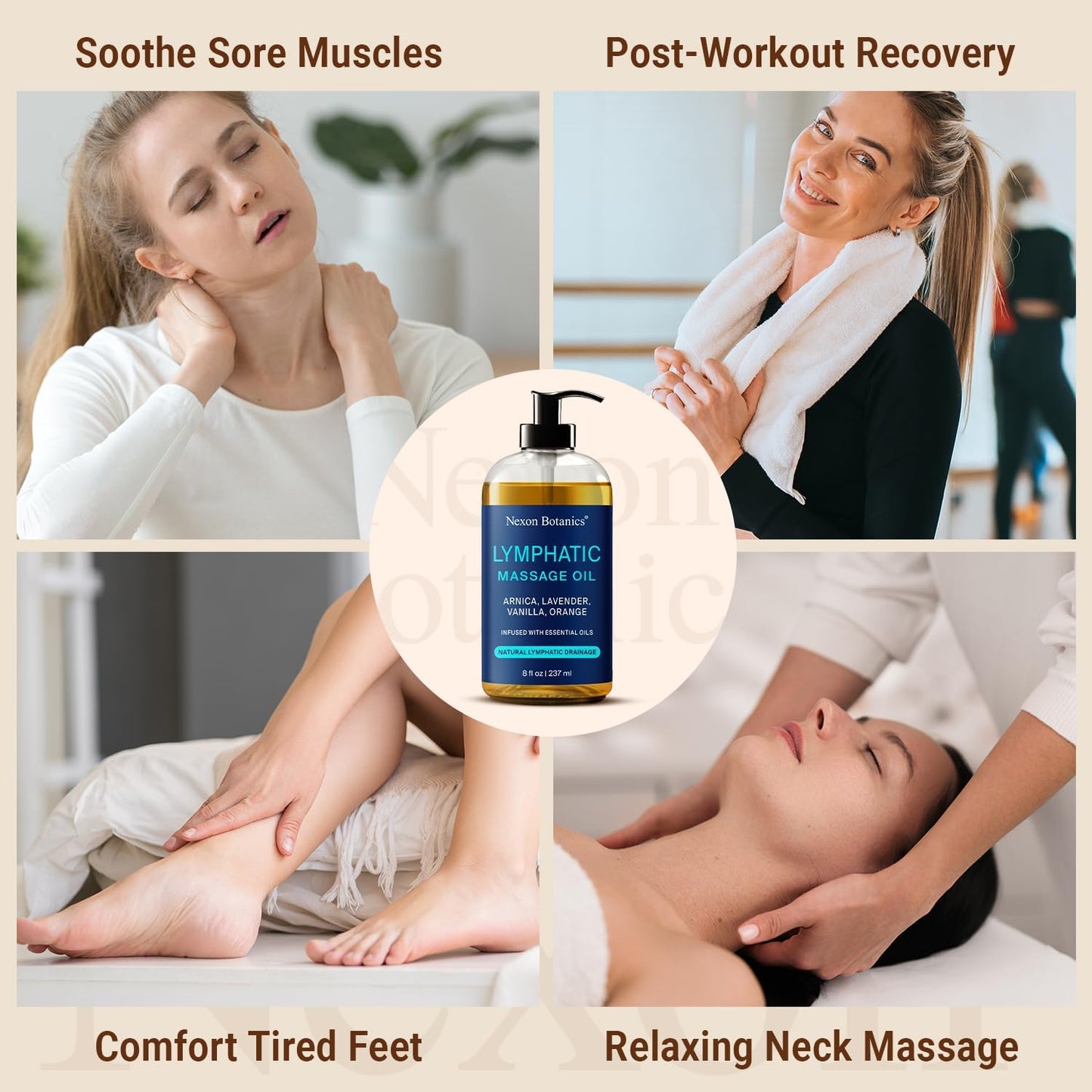 Lymphatic Drainage Massage Oil for Massage Therapy 8 fl oz - Refreshing and Relaxing - Natural Oils with Arnica, Vanilla and Lavender Oil - for Men and Women - Nexon Botanics-Velvo Beauty